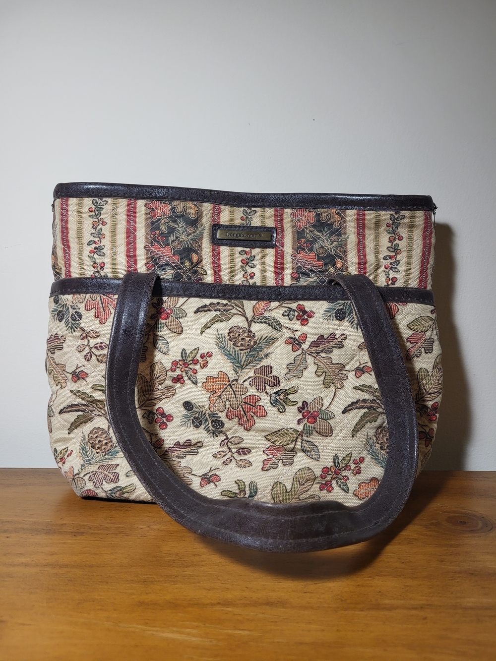 Longaberger Floral Tapestry Tote in Cream, Brown, Green, Red